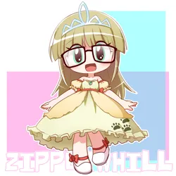 Size: 1500x1500 | Tagged: safe, artist:ikkyuu, derpibooru import, zippoorwhill, human, g4, chibi, child, clothes, cute, dress, glasses, humanized, image, jewelry, looking at you, png, tiara, zippoorbetes