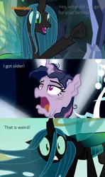 Size: 800x1350 | Tagged: safe, derpibooru import, edit, edited screencap, screencap, mean twilight sparkle, queen chrysalis, alicorn, changeling, changeling queen, pony, g4, season 6, season 8, the mean 6, to where and back again, what lies beneath, spoiler:s08, 3 panel comic, adorkable, asdfmovie, asdfmovie7, black body, comic, cute, disguise, disguised changeling, dork, duo, duo female, fangs, female, former queen chrysalis, frown, green eyes, green sclera, gritted teeth, image, mare, multicolored hair, multicolored mane, nickelodeon, nickelodeon logo, nightmare cave, oh crap face, open frown, open mouth, open smile, png, purple coat, purple eyes, purple fur, purple hair, purple mane, queen chrysellus, raised hoof, screencap comic, shocked, shocked expression, slit pupils, smiling, striped hair, striped mane, teal hair, teal mane, teeth, text, three toned hair, three toned mane, wall of tags, wide eyes, you know for kids, you ruined everything