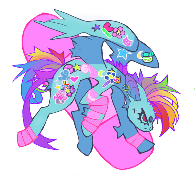 Size: 879x839 | Tagged: safe, artist:cutesykill, derpibooru import, rainbow dash, pegasus, pony, g4, accessory, alternate eye color, alternate hairstyle, alternate tailstyle, bandage, bandaged leg, beanbrows, big ears, blue coat, blue sclera, butt fluff, coat markings, colored eyebrows, colored pinnae, colored sclera, decora, ear fluff, ear piercing, earring, eyebrows, eyelashes, female, flying, frown, gradient pinnae, hooped earrings, image, jewelry, leg fluff, leg markings, lyrics in the description, mare, mohawk, multicolored hair, multicolored mane, narrowed eyes, no catchlights, partially open wings, passepartout, piercing, png, profile, punk, rainbow hair, rainbow punk, rainbow tail, raised hoof, red eyes, slit pupils, solo, spiky mane, spiky tail, sticker, tail, thick eyelashes, wing accessory, wings