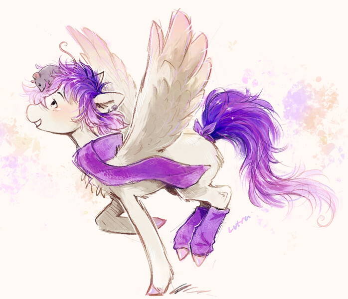 Size: 1646x1414 | Tagged: oc name needed, safe, artist:lutraviolet, derpibooru import, oc, unofficial characters only, mouse, pegasus, pony, abstract background, blank flank, blushing, bow, butt fluff, chest fluff, clothes, colored hooves, colored wings, commission, ear fluff, ear piercing, earring, emotional support animal, eyelashes, feathered wings, female, female oc, gradient mane, gradient tail, gradient wings, gradient wingtips, hatching (technique), hooves, image, jewelry, jpeg, jumping, leg fluff, leg warmers, looking at someone, mare, mare oc, no catchlights, no pupils, piercing, ponysona, profile, purple bow, purple hooves, purple mane, purple scarf, purple tail, raised hoof, raised leg, scarf, shaggy mane, shiny hooves, short mane, smiling, solo, spread wings, standing, standing on one leg, tail, tail accessory, tail bow, tied tail, unshorn fetlocks, white coat, wing fluff, wings