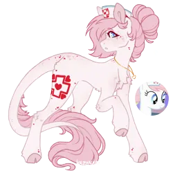 Size: 1000x1000 | Tagged: safe, artist:kazmuun, derpibooru import, nurse redheart, earth pony, pony, series:kazmuun's drawing every pony, g4, alternate hairstyle, blushing, female, freckles, hat, image, jewelry, leonine tail, mare, necklace, nurse hat, png, redesign, simple background, solo, tail, transparent background, unshorn fetlocks