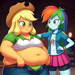 Size: 1024x1024 | Tagged: suggestive, ai content, derpibooru import, machine learning generated, prompter:tk-1976, applejack, rainbow dash, human, equestria girls, g4, applefat, bbw, belly, belly button, big belly, blushing, duo, duo female, fat, female, green panties, image, jpeg, obese, unbuttoned, worried