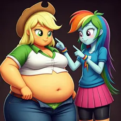 Size: 1024x1024 | Tagged: suggestive, ai content, derpibooru import, machine learning generated, prompter:tk-1976, applejack, rainbow dash, human, equestria girls, g4, applefat, bbw, belly, belly button, big belly, blushing, duo, duo female, fat, female, green panties, image, jpeg, obese, smiling, unbuttoned