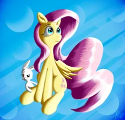 Size: 2044x1953 | Tagged: safe, artist:jphyperx, derpibooru import, angel bunny, fluttershy, pegasus, pony, rabbit, g4, abstract background, animal, female, image, png