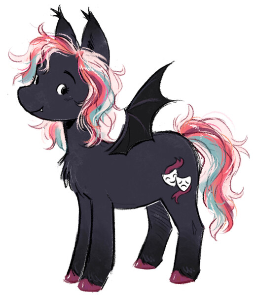 Size: 1330x1537 | Tagged: safe, artist:lutraviolet, derpibooru import, oc, unofficial characters only, bat pony, pony, bat pony oc, bat wings, black coat, chest fluff, coat markings, colored eartips, colored hooves, colored wings, curly mane, curly tail, cute, cute little fangs, ear tufts, eyelashes, fangs, fluffy mane, gradient ears, gradient legs, hooves, image, jpeg, looking back, no catchlights, no pupils, ponysona, red hooves, shiny hooves, simple background, small wings, smiling, socks (coat marking), solo, spread wings, standing, tail, three quarter view, three toned mane, three toned tail, two toned wings, unshorn fetlocks, wavy mane, wavy tail, white background, wings