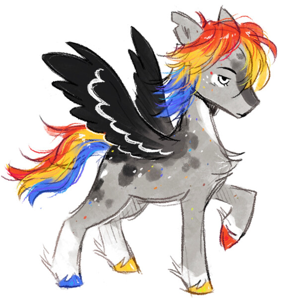 Size: 1464x1499 | Tagged: safe, artist:lutraviolet, derpibooru import, oc, unofficial characters only, pegasus, pony, black wings, blaze (coat marking), body freckles, chest fluff, coat markings, colored fetlocks, colored hooves, colored wings, dappled, eye markings, eyelashes, facial markings, fetlock tuft, flowing mane, flowing tail, freckles, gray coat, hatching (technique), hooves, image, jpeg, leg markings, lidded eyes, mismatched hooves, multicolored hooves, no catchlights, no pupils, pegasus oc, ponysona, profile, raised hoof, shaggy mane, shiny hooves, shiny mane, shiny tail, simple background, socks (coat marking), solo, spread wings, standing on three hooves, striped wings, tail, three toned mane, three toned tail, three toned wings, torn ear, white background, wing markings, wing stripes, wings