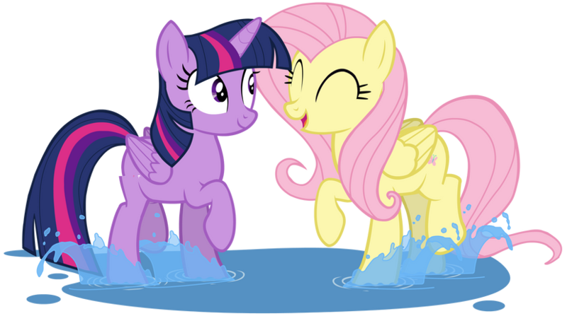 Size: 828x463 | Tagged: safe, artist:zslnews, derpibooru import, fluttershy, twilight sparkle, twilight sparkle (alicorn), alicorn, pegasus, pony, g4, ^^, cute, duo, duo female, eyes closed, female, image, open mouth, png, puddle, shyabetes, simple background, splash, splashing, transparent background, twiabetes, vector