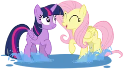 Size: 828x463 | Tagged: safe, artist:zslnews, derpibooru import, fluttershy, twilight sparkle, twilight sparkle (alicorn), alicorn, pegasus, pony, g4, ^^, cute, duo, duo female, eyes closed, female, image, open mouth, png, puddle, shyabetes, simple background, splash, splashing, transparent background, twiabetes, vector