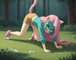 Size: 2048x1623 | Tagged: safe, ai content, derpibooru import, machine learning generated, prompter:kimberlite, stable diffusion, fluttershy, cat, human, equestria girls, g4, angry, cat ears, cat tail, face mask, fake ears, fake tail, forest, image, looking at you, mask, nature, outdoors, png, quadrober, tail, tree