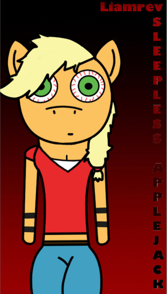 Size: 539x949 | Tagged: semi-grimdark, artist:liamrev, derpibooru import, applejack, anthro, fanfic:apple sleep experiment, bloodshot eyes, clothes, denim, image, jeans, jpeg, pants, thousand yard stare