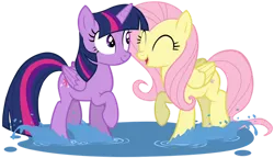 Size: 826x477 | Tagged: safe, artist:zslnews, derpibooru import, fluttershy, twilight sparkle, twilight sparkle (alicorn), alicorn, pegasus, pony, g4, ^^, cute, duo, duo female, eyes closed, female, image, open mouth, png, puddle, shyabetes, simple background, splash, splashing, transparent background, twiabetes, updated, updated image, vector