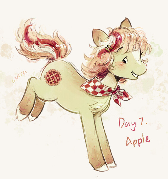 Size: 882x939 | Tagged: safe, artist:lutraviolet, derpibooru import, oc, oc:apple, unofficial characters only, earth pony, pony, abstract background, back freckles, bandana, bangs, body freckles, bucking, chest fluff, coat markings, colored eartips, colored hooves, earth pony oc, eyebrows, eyebrows visible through hair, facial markings, female, female oc, freckles, gradient ears, gradient legs, green coat, hair accessory, hairclip, hooves, image, jpeg, leg freckles, looking back, mane accessory, mare, mare oc, neckerchief, no catchlights, no pupils, ponytober, ponytober 2024, profile, red text, shiny mane, shiny tail, short mane, short tail, smiling, socks (coat marking), solo, stripe (coat marking), tail, three toned mane, three toned tail, unshorn fetlocks, white hooves