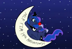 Size: 4143x2835 | Tagged: artist needed, safe, derpibooru import, princess luna, alicorn, pony, g4, apple, crescent moon, eating, food, image, jpeg, mlp fim's fourteenth anniversary, moon, night, night sky, sky, solo, tangible heavenly object