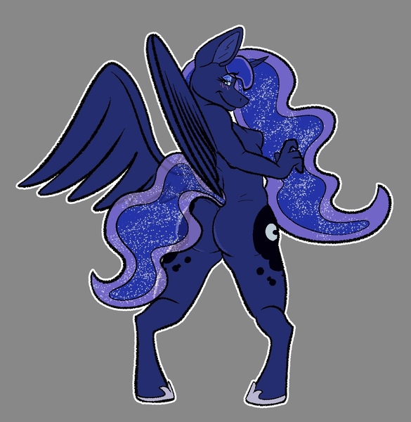 Size: 1290x1323 | Tagged: questionable, artist:pen-and-paper, derpibooru import, princess luna, alicorn, anthro, unguligrade anthro, g4, ass, bedroom eyes, blush lines, blushing, boobs and butt pose, both cutie marks, breasts, butt, complete nudity, cutie mark on anthro, ethereal mane, eyebrows visible through hair, eyeshadow, female, gray background, hoof shoes, horn, image, jpeg, looking back, makeup, moonbutt, nipples, nudity, princess shoes, rear view, simple background, small breasts, smiling, solo, solo female, spread wings, standing, starry mane, starry tail, tail, wings