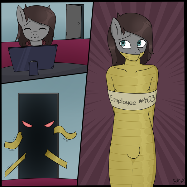 Size: 1500x1500 | Tagged: suggestive, artist:seltiox, derpibooru import, oc, oc:seltiox, anthro, earth pony, plantigrade anthro, pony, bdsm, bondage, bound, captured, clothes, comic, digital art, earth pony oc, gag, helpless, image, kidnapped, male, mummification, mummified, package, peril, png, restrained, ribbon, skintight, solo, stallion, stallion oc, tape, tape bondage, tied up, wrapped up