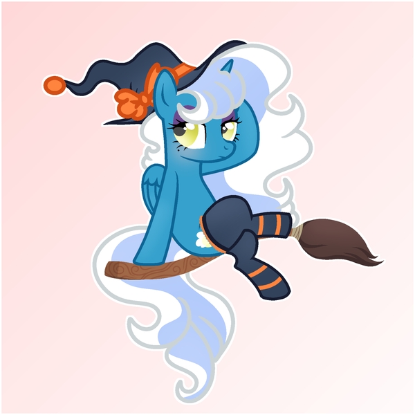 Size: 6890x6890 | Tagged: safe, artist:riofluttershy, derpibooru import, oc, oc:fleurbelle, unofficial characters only, alicorn, pony, alicorn oc, blushing, bow, broom, clothes, female, flying, flying broomstick, gradient background, hat, horn, image, jpeg, mare, nightmare night, socks, solo, tail, two toned hair, two toned mane, two toned tail, wings, witch hat, yellow eyes