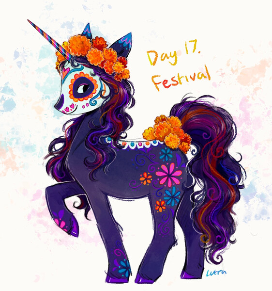 Size: 1023x1093 | Tagged: safe, artist:lutraviolet, derpibooru import, oc, oc:festival, unofficial characters only, pony, unicorn, abstract background, cloven hooves, coat markings, colored eartips, colored horn, coloredh ooves, dia de los muertos, dorsal stripe, ear markings, eyelashes, eyeshadow, female, female oc, floral head wreath, flower, flower in tail, horn, image, jpeg, leg fluff, leg markings, long horn, long mane, long tail, looking back, makeup, mare, mare oc, marigold, multicolored horn, multicolored mane, multicolored tail, no catchlights, no pupils, ponytober, ponytober 2024, profile, purple coat, purple eyeshadow, purple hooves, purple mane, purple tail, raised hoof, shiny hooves, shiny horn, shiny mane, shiny tail, signature, smiling, solo, standing on three hooves, striped horn, sugar skull, tail, unicorn oc, unshorn fetlocks, wavy mane, wavy tail