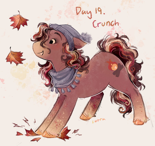 Size: 1039x980 | Tagged: safe, artist:lutraviolet, derpibooru import, oc, oc:crunch, unofficial characters only, earth pony, pony, abstract background, autumn, blushing, brown eyeshadow, clothes, coat markings, colored hooves, colored muzzle, colored pinnae, earth pony oc, eyelashes, female, floppy ears, gradient legs, gradient muzzle, hat, hooves, image, jpeg, leaning forward, maple leaf, mare, no catchlights, no pupils, orange hooves, pale muzzle, ponytober, ponytober 2024, profile, red coat, scarf, shiny hooves, signature, smiling, socks (coat marking), solo, three toned mane, three toned tail, winter hat