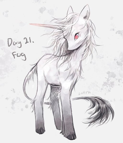 Size: 933x1090 | Tagged: safe, artist:lutraviolet, derpibooru import, oc, oc:fog, unofficial characters only, pony, unicorn, abstract background, ambiguous gender, blank flank, chest fluff, cloven hooves, coat markings, colored hooves, colored horn, eyelashes, flowing mane, gradient horn, gradient legs, gray hooves, gray tail, gray text, hatching (technique), hock fluff, hooves, horn, image, jpeg, long horn, long tail, no mouth, ponytober, ponytober 2024, profile, red eyes, shiny hooves, shiny tail, signature, silver tail, socks (coat marking), standing, tail, tail fluff, thin tail, turned head, unicorn horn, unicorn oc, white coat, white mane, white pupils, white tail, wide eyes