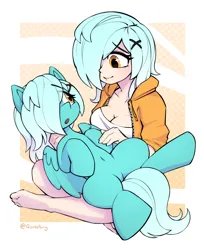 Size: 2610x3200 | Tagged: safe, artist:quotepony, derpibooru import, oc, oc:ellipsis, unofficial characters only, human, pegasus, pony, :o, belly, belly button, breasts, hand, holding hands, image, imminent belly rub, lying down, on back, open mouth, png, sitting, sitting on lap, wings