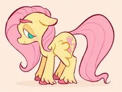 Size: 2048x1536 | Tagged: safe, artist:alexbeeza, derpibooru import, fluttershy, pegasus, pony, g4, colored, colored eyebrows, colored hooves, eyebrows, eyebrows visible through hair, eyelashes, female, flat colors, floppy ears, hooves, image, jpeg, long mane, long tail, looking back, mare, no catchlights, no pupils, pink hooves, pink mane, pink tail, profile, shadow, simple background, smiling, solo, standing, tail, teal eyes, unshorn fetlocks, wings, wings down, yellow background, yellow coat