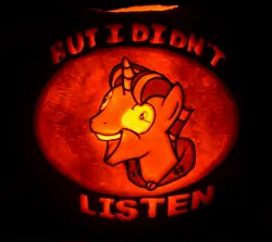 Size: 3417x3049 | Tagged: safe, artist:archiveit1, derpibooru import, party favor, pony, unicorn, g4, bust, caption, exploitable meme, faic, glow, halloween, holiday, horn, i didn't listen, image, image macro, jack-o-lantern, jpeg, male, meme, portrait, pumpkin, pumpkin carving, text