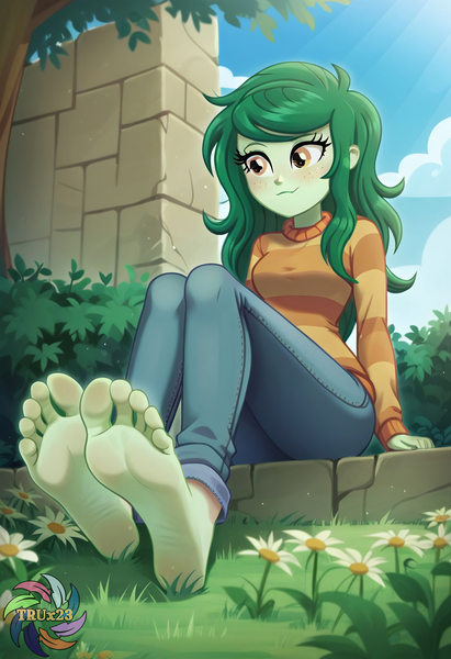 Size: 2496x3648 | Tagged: safe, ai content, derpibooru import, generator:civitai, machine learning generated, prompter:trux23, wallflower blush, human, equestria girls, g4, barefoot, feet, fetish, flower, foot fetish, foot focus, grass, image, jpeg, sitting, soles, solo, toes