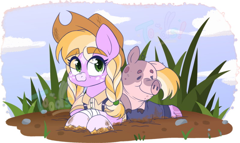 Size: 2249x1341 | Tagged: safe, artist:toodaioo, derpibooru import, oc, oc:comet trail, oc:pignelope, unofficial characters only, earth pony, pig, pony, clothes, coat markings, cowboy hat, duo, eye clipping through hair, eyebrows, eyebrows visible through hair, facial markings, female, filly, foal, freckles, hat, image, lying down, mud, muddy hooves, offspring, overalls, parent:big macintosh, parent:twilight sparkle, parents:twimac, pet oc, pigtails, png, prone, snip (coat marking), star (coat marking), watermark