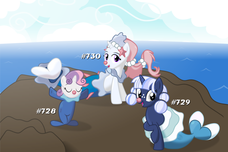 Size: 9000x6000 | Tagged: safe, artist:cranberry-tofu, derpibooru import, sweetie belle, oc, oc:silverlay, oc:whisper call, pony, popplio, g4, absurd resolution, brionne, clothes, costume, image, nightmare night costume, ocean, png, pokémon, primarina, water