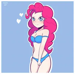 Size: 2048x2040 | Tagged: suggestive, artist:eltrash_art6, derpibooru import, pinkie pie, human, g4, belly, belly button, blue background, blue underwear, blushing, bra, breasts, busty pinkie pie, clothes, cute, diapinkes, female, heart, humanized, image, jpeg, panties, redraw, simple background, solo, solo female, underwear