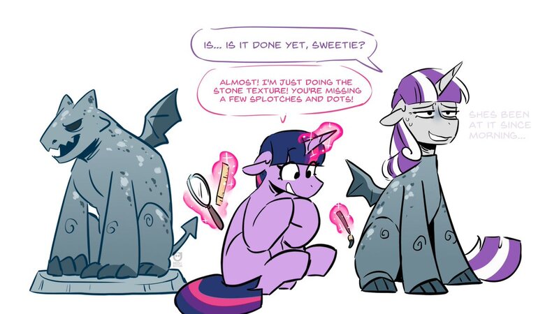 Size: 1200x675 | Tagged: safe, artist:redxbacon, derpibooru import, twilight sparkle, twilight velvet, gargoyle, pony, g4, clothes, costume, dialogue, halloween, halloween costume, holiday, image, jpeg, ponytober, ponytober 2024, simple background, statue, stone, white background