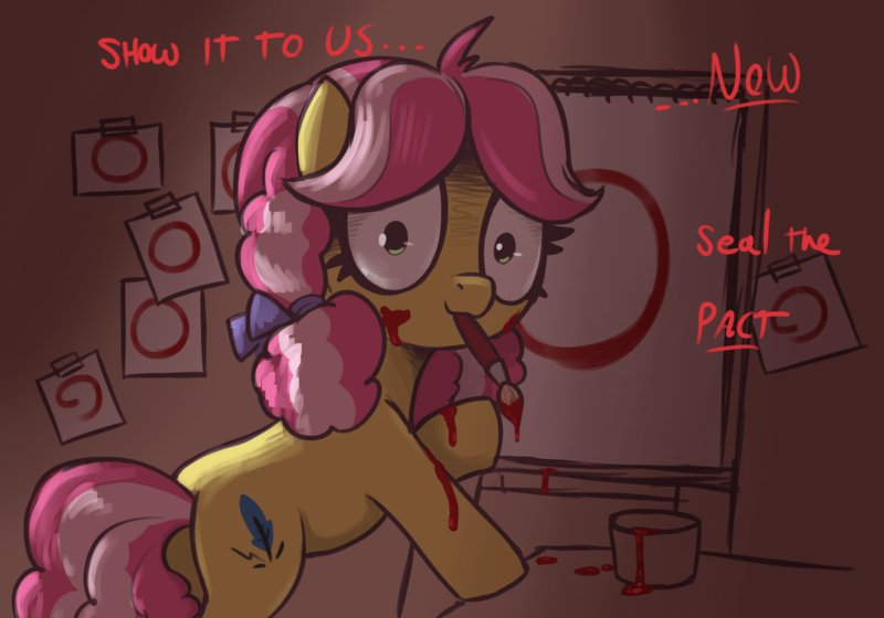 Size: 3000x2100 | Tagged: safe, artist:t72b, derpibooru import, kettle corn, earth pony, pony, g4, bow, butt, circle, crazy face, faic, female, filly, foal, hair bow, image, mouth hold, paint, paintbrush, painting, plot, png, shrunken pupils