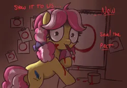 Size: 3000x2100 | Tagged: safe, artist:t72b, derpibooru import, kettle corn, earth pony, pony, g4, bow, butt, circle, crazy face, faic, female, filly, foal, hair bow, image, mouth hold, paint, paintbrush, painting, plot, png, shrunken pupils