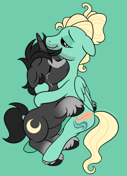 Size: 1800x2500 | Tagged: safe, artist:leopardsnaps, derpibooru import, zephyr breeze, oc, oc:crystal nightshine, pegasus, pony, unicorn, g4, blaze (coat marking), bun hairstyle, coat markings, comforting, crying, duo, facial markings, floppy ears, gradient legs, green background, horn, hug, hugging a pony, image, looking at someone, male, man bun, png, sad, simple background, stallion, stallion oc, unicorn oc, unshorn fetlocks