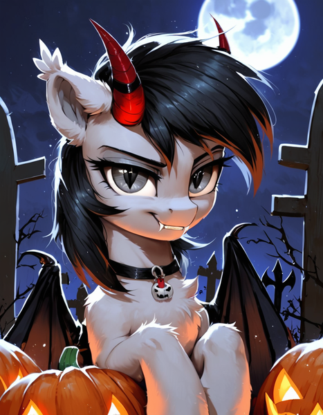 Size: 896x1152 | Tagged: source needed, safe, ai content, derpibooru import, machine learning generated, prompter:lightningstrike1, stable diffusion, oc, oc:pepper pimienta, unofficial characters only, demon, demon pony, original species, black hair, bust, cat eyes, clothes, costume, demon wings, fangs, female, generator:pony diffusion v6 xl, graveyard, halloween, halloween costume, holiday, image, jewelry, looking at you, moon, necklace, png, portrait, pumpkin, silver-grey eyes, slit eyes, slit pupils, solo, white fur, wings