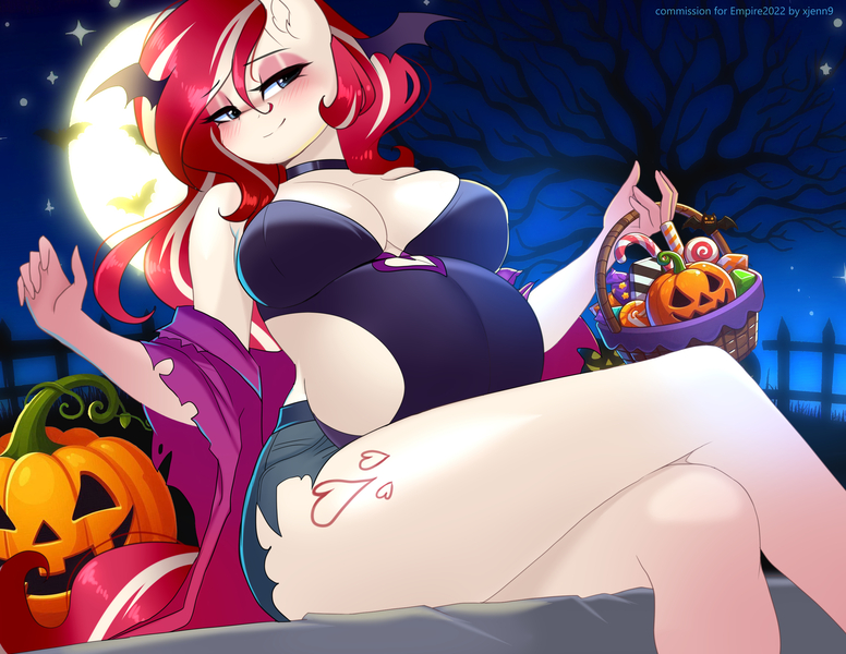 Size: 3000x2320 | Tagged: suggestive, artist:xjenn9, ponerpics import, oc, oc:cherry pop, anthro, breasts, clothes, dress, female, halloween, holiday, image, jpeg, night, pregnant, sitting, solo