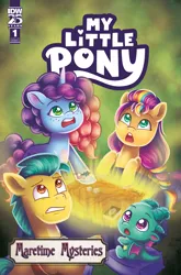 Size: 2063x3131 | Tagged: safe, artist:abigail starling, derpibooru import, idw, official, hitch trailblazer, sparky sparkeroni, sunny starscout, dragon, earth pony, pony, unicorn, g5, spoiler:comic, spoiler:g5, spoiler:g5comic, comic cover, cover, cover art, female, gritted teeth, high res, horn, image, male, mane stripe sunny, mare, maretime mysteries #1, misty brightdawn, my little pony logo, my little pony: maretime mysteries, official comic, open mouth, png, rebirth misty, stallion, teeth, unshorn fetlocks