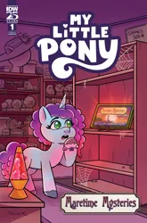 Size: 2063x3131 | Tagged: safe, artist:shauna j. grant, derpibooru import, idw, official, pony, unicorn, g5, my little pony: tell your tale, spoiler:comic, spoiler:g5, spoiler:g5comic, comic, comic cover, cover, cover art, female, high res, horn, image, lava lamp, mare, maretime mysteries #1, misty brightdawn, my little pony: maretime mysteries, official comic, png, rebirth misty