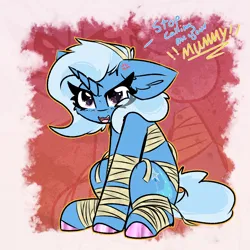 Size: 2000x2000 | Tagged: safe, artist:jubyskylines, derpibooru import, trixie, pony, unicorn, g4, clothes, costume, cross-popping veins, dialogue, emanata, female, floppy ears, hoof polish, horn, image, mare, mummy, nightmare night, png, trixie is not amused, unamused