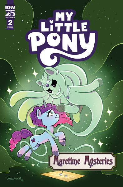 Size: 2063x3131 | Tagged: safe, artist:shauna j. grant, derpibooru import, idw, official, ghost, ghost pony, pony, undead, unicorn, g5, spoiler:comic, spoiler:g5, spoiler:g5comic, board game, comic, comic cover, cover, cover art, female, horn, image, magic, mare, maretime mysteries #2, misty brightdawn, my little pony logo, my little pony: maretime mysteries, official comic, png, raneigh, rebirth misty