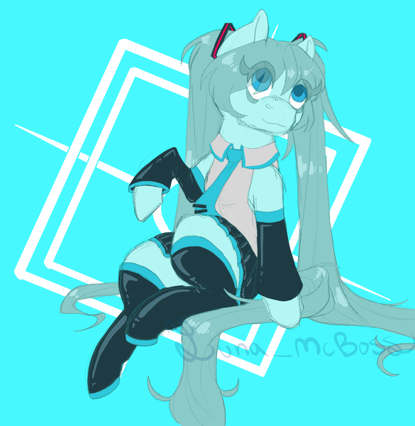 Size: 2768x2841 | Tagged: safe, alternate version, artist:luna_mcboss, derpibooru import, ponified, earth pony, pony, bangs, blue background, blue coat, blue eyes, blue hair, boots, clothes, collared shirt, detached sleeves, hair tie, hatsune miku, image, leaning back, long hair, long tail, looking up, necktie, pigtails, png, raised leg, shirt, shoes, simple background, sitting, skirt, square, tail, thigh boots, twintails, vocaloid