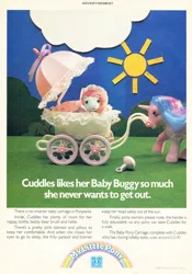 Size: 664x949 | Tagged: safe, derpibooru import, official, baby cuddles, buttons (g1), cuddles (g1), earth pony, pony, unicorn, g1, 1987, advertisement, baby, baby buggy, baby carriage, baby pony, blanket, bonnet, cloud, duo, duo female, female, filly, foal, horn, image, jpeg, mare, my little pony logo, my little pony vol. 1, my little pony vol. 1 #78, official comic, outdoors, parasol (umbrella), photo, rattle, sun, text, toy