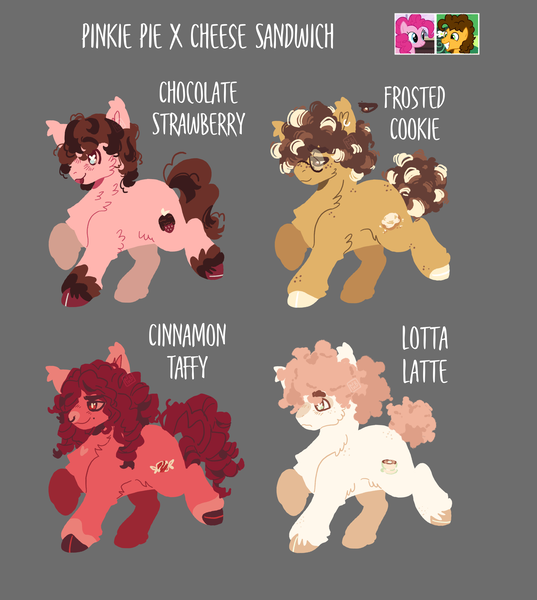 Size: 2767x3091 | Tagged: safe, artist:nkukubean, derpibooru import, cheese sandwich, pinkie pie, oc, oc:chocolate strawberry, oc:cinnamon taffy, oc:frosted cookie, oc:lotta latte, earth pony, pony, g4, cheek fluff, chest fluff, ear fluff, female, freckles, glasses, gray background, heart, heart eyes, image, male, mare, nose piercing, nose ring, offspring, parent:cheese sandwich, parent:pinkie pie, parents:cheesepie, piercing, png, screencap reference, siblings, simple background, stallion, unshorn fetlocks, wingding eyes