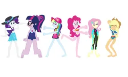 Size: 1735x1042 | Tagged: safe, artist:sotosbros, derpibooru import, edit, applejack, fluttershy, pinkie pie, rainbow dash, rarity, sci-twi, twilight sparkle, equestria girls, g4, barefoot, clothes, dancing, equestria girls specials, feet, glasses, hat, humane five, humane six, image, my little pony equestria girls: better together, my little pony equestria girls: forgotten friendship, png, simple background, swimsuit, white background