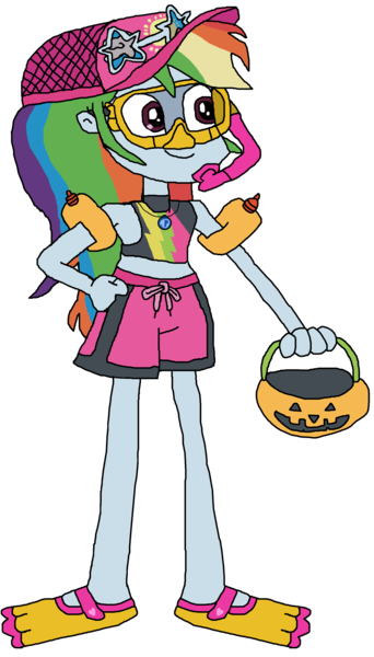 Size: 1941x3405 | Tagged: safe, derpibooru import, rainbow dash, equestria girls, g4, clothes, equestria girls specials, flippers, goggles, halloween, hat, holiday, image, my little pony equestria girls: better together, my little pony equestria girls: forgotten friendship, png, snorkel, sunglasses, swim mask, swimsuit, trick-or-treat bag, trick-or-treating, water wings