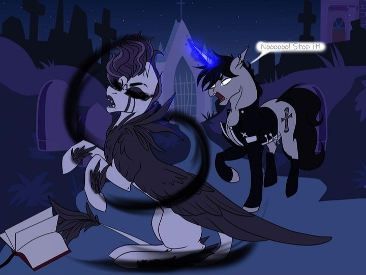 Size: 720x541 | Tagged: safe, derpibooru import, oc, oc:black cross, unofficial characters only, pony, unicorn, book, clothes, ear piercing, female, glow, glowing horn, graveyard, horn, image, jacket, jewelry, jpeg, male, mare, necklace, piercing, stallion