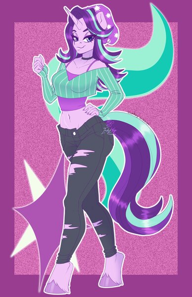 Size: 1650x2550 | Tagged: safe, artist:inkkeystudios, derpibooru import, starlight glimmer, anthro, pony, unguligrade anthro, unicorn, g4, clothes, cutie mark background, denim, female, horn, image, jeans, jpeg, midriff, pants, ponytober, ripped jeans, ripped pants, solo, torn clothes