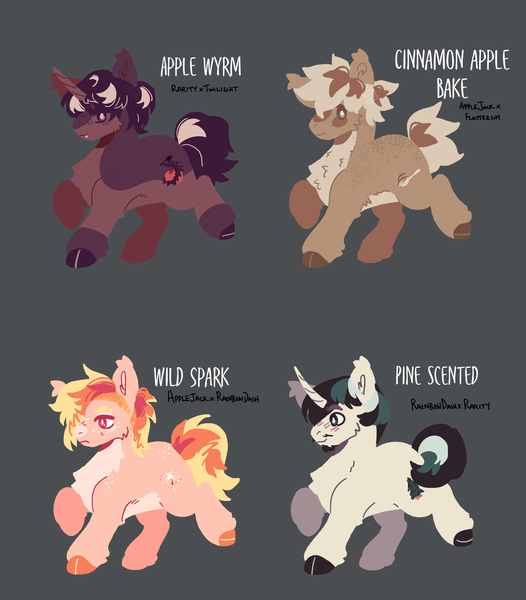 Size: 2604x2973 | Tagged: safe, artist:nkukubean, derpibooru import, oc, oc:apple wyrm, oc:cinnamon apple bake, oc:pine scented, oc:wild spark, unofficial characters only, earth pony, pony, unicorn, cheek fluff, chest fluff, coat markings, ear fluff, facial hair, facial markings, goatee, gray background, horn, image, leg markings, magical lesbian spawn, offspring, pale belly, parent:applejack, parent:fluttershy, parent:rainbow dash, parent:rarity, parent:twilight sparkle, parents:appledash, parents:appleshy, parents:raridash, parents:rarilight, png, simple background, snip (coat marking), standing on two hooves