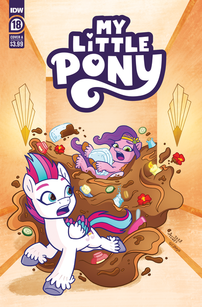 Size: 2063x3131 | Tagged: safe, artist:agnesgarbowska, derpibooru import, idw, official, pipp petals, zipp storm, pegasus, pony, g5, spoiler:comic, spoiler:g5, spoiler:g5comic, spoiler:g5comic18, brush, candle, comic cover, cover, cover art, cucumber, cutie mark swap, duo, duo female, feathered fetlocks, female, flood, flower, food, high res, image, look out, mare, mud, muddy pipp, my little pony logo, official comic, open mouth, png, royal sisters (g5), running away, siblings, sisters, swapped cutie marks, towel, unshorn fetlocks