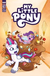 Size: 2063x3131 | Tagged: safe, artist:agnesgarbowska, derpibooru import, idw, official, pipp petals, zipp storm, pegasus, pony, g5, spoiler:comic, spoiler:g5, spoiler:g5comic, spoiler:g5comic18, brush, candle, comic cover, cover, cover art, cucumber, cutie mark swap, duo, duo female, feathered fetlocks, female, flood, flower, food, high res, image, look out, mare, mud, muddy pipp, my little pony logo, official comic, open mouth, png, royal sisters (g5), running away, siblings, sisters, swapped cutie marks, towel, unshorn fetlocks